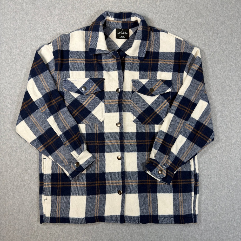 HFX Mens Navy Cream Plaid Flannel Snap Front Shirt Jacket Small 1534711